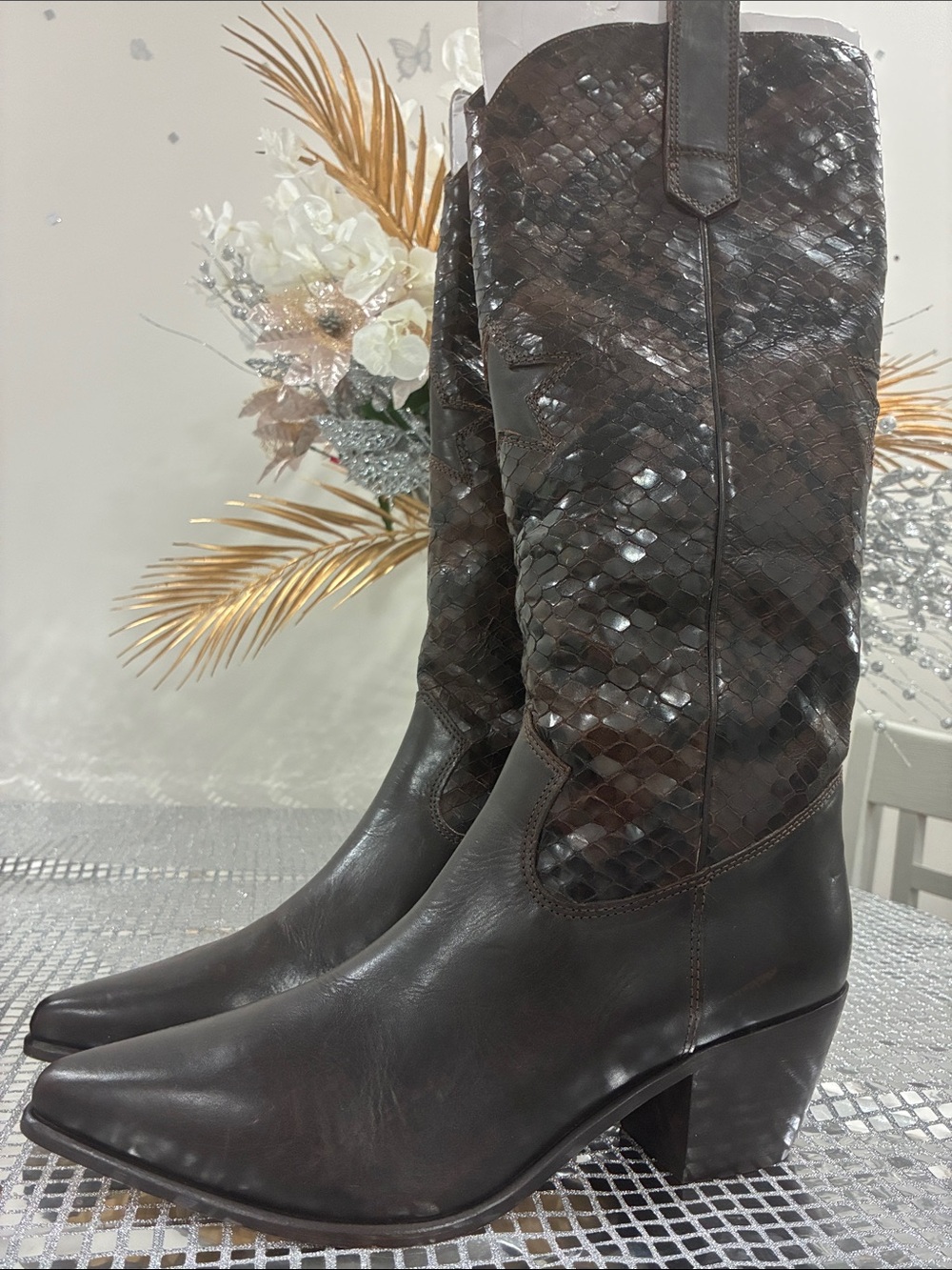 Seychelles Leather, Dark Brown Western Boot with Snakeskin Shaft